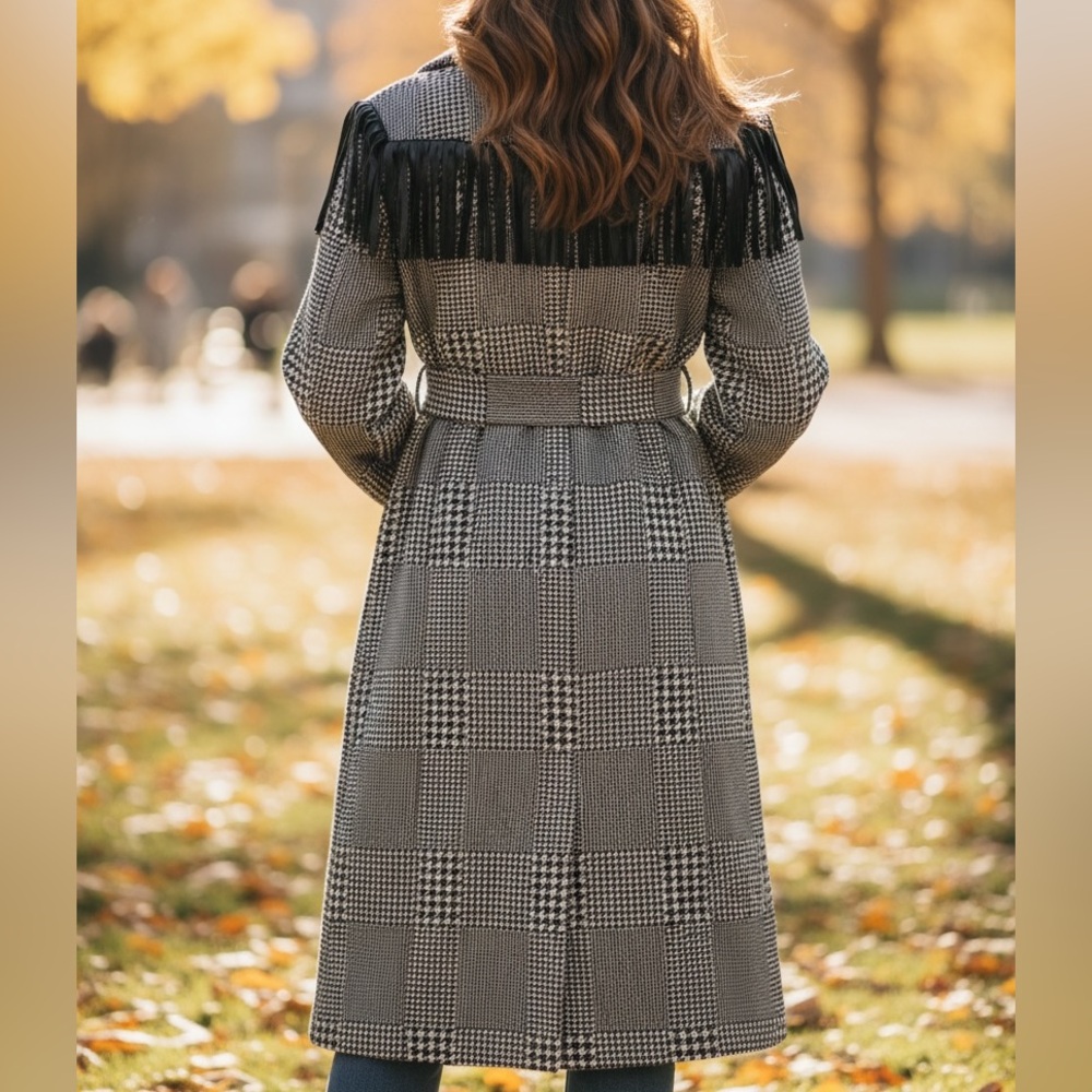 Houndstooth Microfiber Fringe Long Jacket - Picture 9 of 10